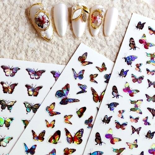2PC Holographic 3D Butterfly Nail Art Stickers Adhesive Sliders Colorful DIY Golden Nail Transfer Decals Foils Wraps Decorations