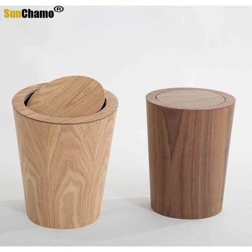 9L Garbage Can with Lid Waste Bins Solid Wood Wastebasket Home Cleaning Tools Round Trash Can Swing Cover Office Storage Baskets