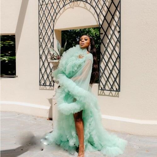 Mint Green Maternity Tulle Dresses Women Puffy Long Sleeves Tulle Robes Formal Birthday Robes Photo Shoot See Through Robe