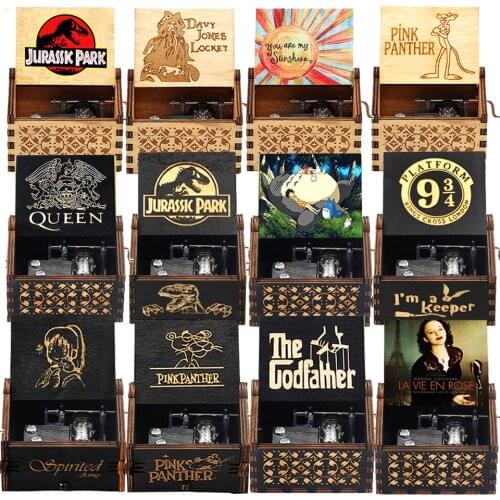 New Carved Wood Hand Crank Jurassic Park Music Box My Heart Will Go on Pirates of The Carib Music Box Birthday Christmas Gift