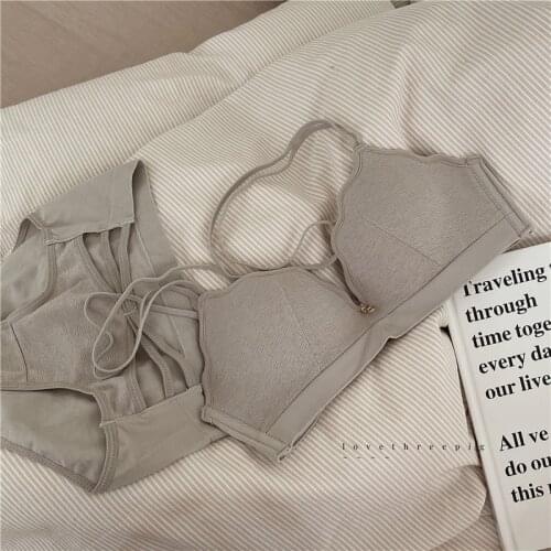 Wriufred New product retro thin no steel ring bra panty set big breasts show small temperament cotton suit underwear