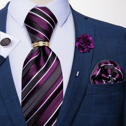 New Designer Purple Striped Ties For Men Wedding Party Neck Tie Luxury Tie Ring Brooch 100% Silk Tie Set Gift For Men DiBanGu