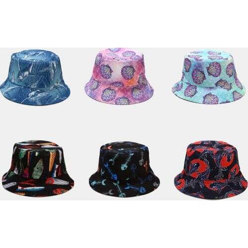 2021 New Womens Summer Bucket Hat Creative Sea Animals Cartoon Pattern Reversible Bob Fishermen Hat for Men Unisex Panama Cap