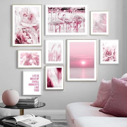 Nordic Posters And Prints Heart-Shaped Sun Pink Peony Flamingo Reed Wall Art Canvas Painting Wall Pictures For Living Room Decor