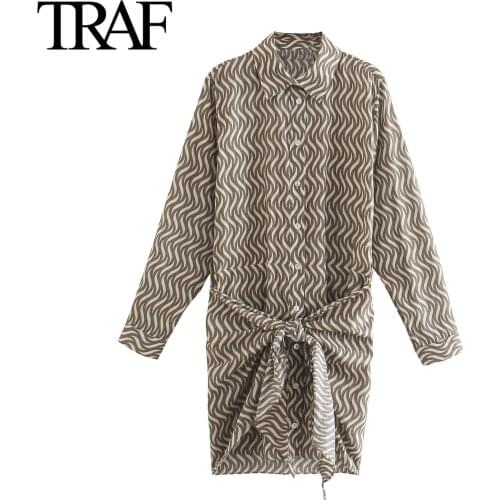 Traf Za Women Clothing Fashion Bow Bandage Shirt Dress Long Sleeve Bodycon Dress Vintage Print Mini Dress Vestidos Mujer