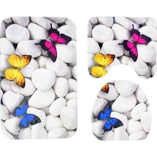 Drop Shipping Butterfly stone Shower curtain Bath Mats Anti Slip Bathroom Mat Set Carpet Bathroom Toilet Rug Mat Set