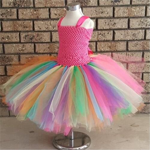 Girls Rainbow Tutu Dress Kids Crochet Tulle Straps Dress Banquet Ball Gown Children Birthday Party Costumes Photgraphy Dresses