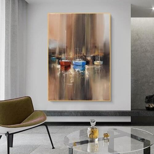 RELIABLI ART Boat On The Sea Abstract Pictures Oil Painting On Canvas Wall Art For Living Room Decoration Posters And Prints
