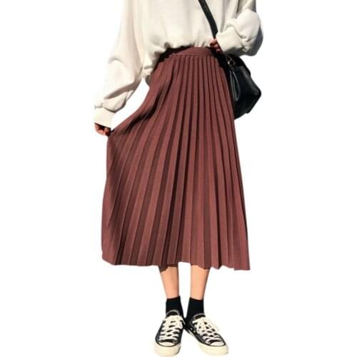 Spring Autumn Pleated Skirt Solid Color Fashion High Waist Skirt Long Skirt Black White Vintage Skirts Female