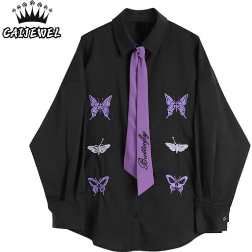 Womens Black Shirt New 2021 Summer Vintage Streetwear Embroidery Long Shirt Sleeve Polo Collar Baggy TOP Ladies Casual Blouse