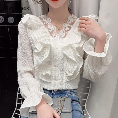 New Fashion V-neck Lace Shirt Spring Ruffled Splicing Vintage Slim White Blouse Women Solid Sweet Flare Sleeve Female Tops 13192