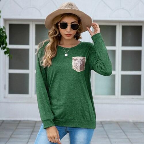 Female Autumn Loose Tee Casual Solid T Shirt For Woman Sequine Pocket T-shirt Long Sleeve Top Women O Neck Soft Tops Tee Shirts
