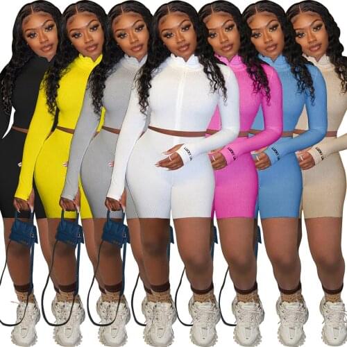 Two Piece Set Turtleneck Rib Skinny Fitness Tracksuit Women Lucky Label Embroidery Zip Long Sleeve Crop Top+Biker Shorts Outfits