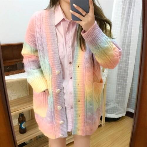 Rainbow Sweater Women Sweet Autumn Winter Knitted Cardigan Sweater Female Casual Warm Button-down Cardigan Coat Women 2020 New