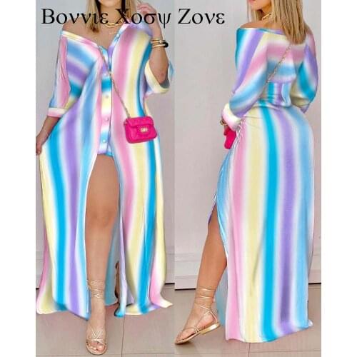 Ombre Striped Button Up High Slit Shirt Dress Three Quarter Length V-Neck Shirt Long Front Slit Summer Dresses For Women 2021
