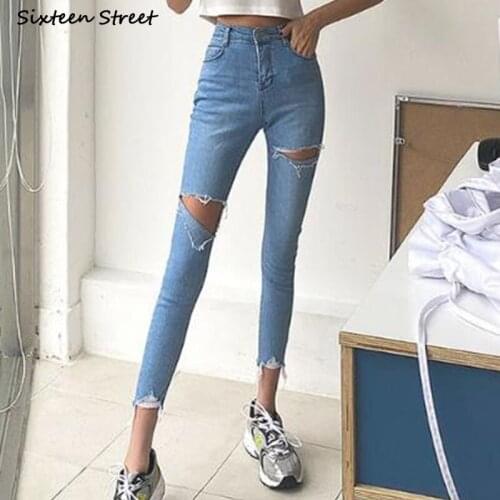 Streetwear Elastic Ripped Jeans Woman Korean Chic High Waist Skinny Jeans Female Bottom Summer Vintage Denim Jeans Mom