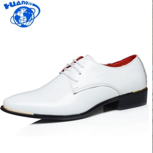 HUANQIU Dress Glossy White Flat Wedding Shoes Patent Leather Casual Solid Luxury Brand Italy Brand Oxfords Shoes for Men ZLL246