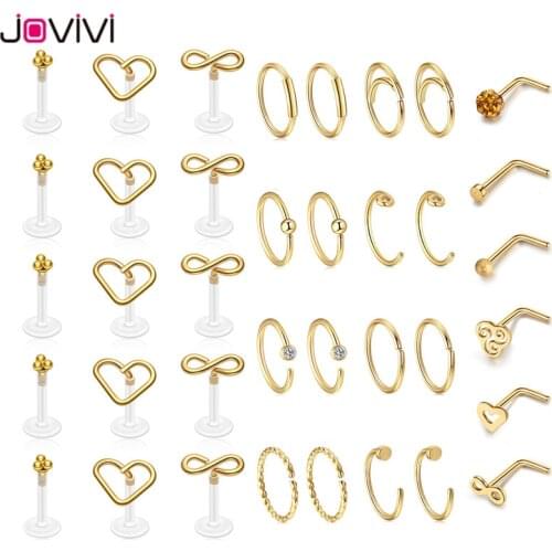 Jovivi 20Ga+16Ga 316 Stainless Steel Body Piercing Jewelry Nose Septum Lip Ring Eyebrow Ring Ear Stud Body Jewelry 37 pcs