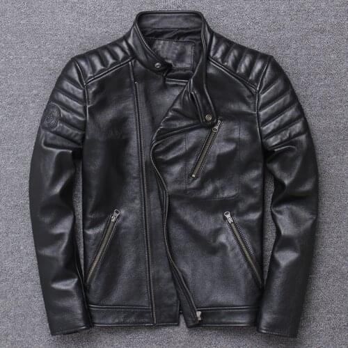 Handsome Oblique Zipper Locomotive Serve Jacket Mens Genuine Leather Clothing Stand Lead Short Fund Head Layer genuine