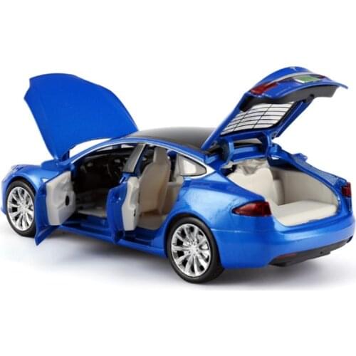 1:32 Alloy Tesla Model Saloon Toy Vehicle Simulation Sound Light Pull Back Toys Car For Children Kids Gift blue car
