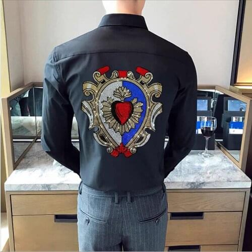 Four Seasons Trendy Custom Hot Diamond Letter Style Mens Long Sleeve Buttons Fashion Business Personality Lapel Office