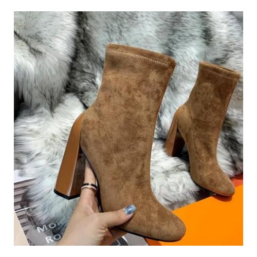 Moraima Snc Newest Round Toe Woman Boots Stretch Fabric Thick Heels Ankle Boots Fashion Riding Boots Brown Black