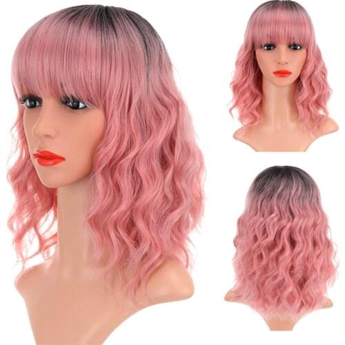 Pastal Wave Wig With Air Bangs Short Bob Wavy Synthetic Heat Resistant Fiber Colorful Ombre Costume Wigs Cosplay Wig 14 Inch