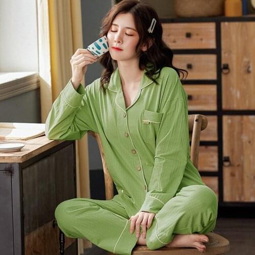 Pajamas Womens Cotton Long-sleeved Lapel Cardigan Spring and Autumn V-neck Loose Students Can Wear Large-size Home Clothes