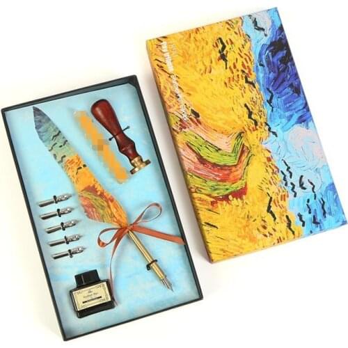 Retro European Style Quill Oil Painting Style Gift Box Fountain Pen Ink English Calligraphy Pen Gift Feather Pen
