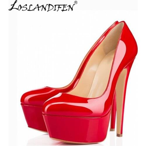 LOSLANDIFEN Women Pumps 14cm Super High Heels Platform Shoes Sexy Patent Leather Woman Wedding Party Stilettos Red