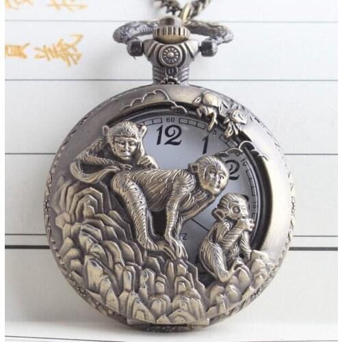 Vintage Zodiac 12 Bronze 3 Monkey Playing Hollow Quartz Pocket Watch Necklace Pendant Carving Back Womens Men GIfts