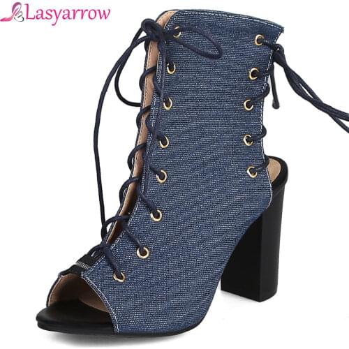 Lasyarrow 2019 Summer Denim Cross Tied Peep Toe Women Shoes Heels Gladiator Square Heel Rome Sandals Ladies Shoes Ankle Boots
