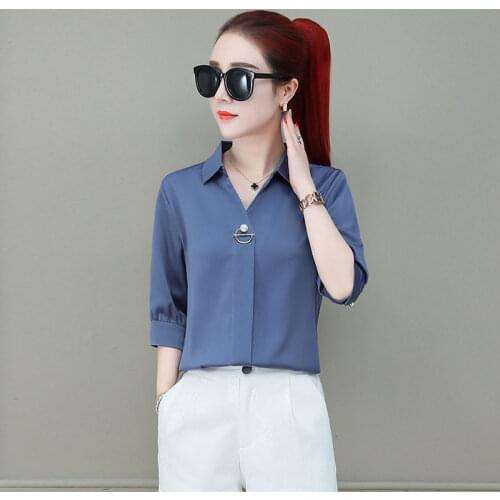 Womens Spring Summer Style Chiffon Blouses Shirt Womens Turn-Down Collar Solid Color Button Half Sleeve Korean Slim Top DD9112