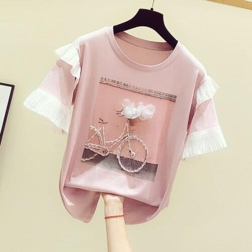 2021 Summer New Ruffles Printed Woemn T-shirts Cartoon Ruffles Sweet Girl Female Pulls Tops Tees Top Quality