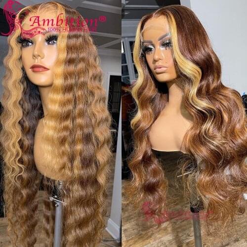 Ambition Highlight Honey Blonde Human Hair Lace Wigs Preplucked Wavy 13x6 Lace Frontal Wigs 180% Deep Wave Glueless Lace Wigs