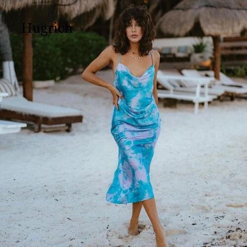 Summer Spring 2021 Elegant Party Club Wear Seaside Satin Print Drawstring Fishtail Dress
