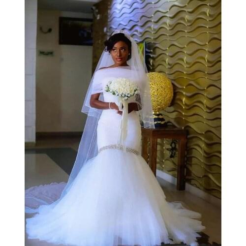 Simple Sweetheart White Mermaid Cheap Bridal Dresses with Wrap Sweep Train Tulle Robe de mariee Custom Made