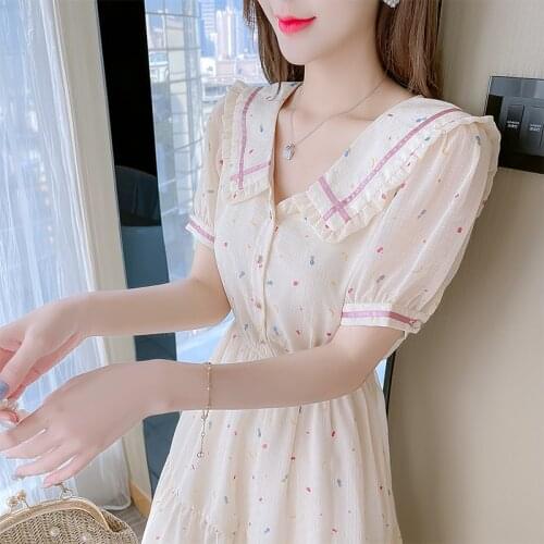 2021 summer new fresh Chiffon dress women peter pan collar puff sleeve A-line vestidos french style slim waist dot print dress