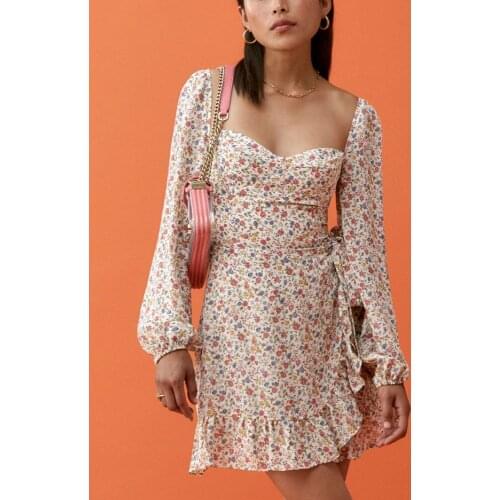 KBAT Women Dress 2021 Vintage Long Sleeve Printed Mini Dress Summer Woman Elegant Ruffle Bow Tie Ruched Casual Ladies Dress