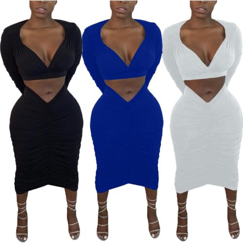 66BN123 Autumn Winter Women Casual Fashion Solid Sexy Skinny Navel Two Piece Set Top and Skirt Tracksuit Sweatsuit Outfits Hot