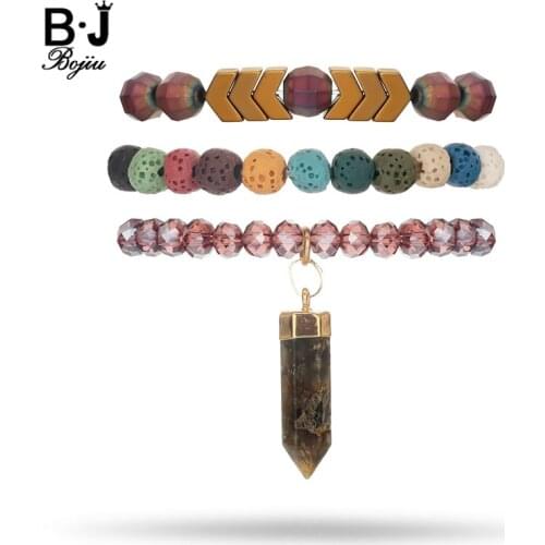 BOJIU 3 Pcs/Set Charm Purple Crystal Bracelets For Women Color Lava Beads Hematite Bracelet Sets For Women Best Gift BCSET74