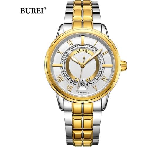 BUREI Brand Fashion Gold Automatic Mechanical Watch Men Luxury Waterproof Calendar Business Casual Wristwatch Relogio Masculino