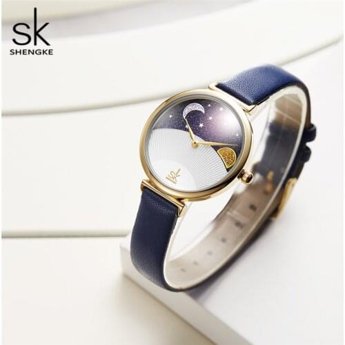 Shengke Women Fashion Blue Quartz Watch Lady Leather Watchband High Quality Casual Waterproof Wristwatch Gift for Wife With Box