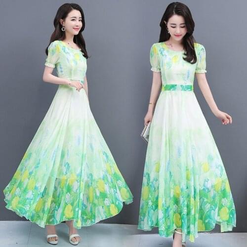 Elegant Summer Chiffon Floral Print Short Sleeve O-neck Long Beach Dress Women Vestidos Party Dresses 4XL Plus Size 5459