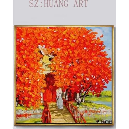 Famous artists Vietnam under the red forest landscape oil painting with modern hotel lobby decorated clubhouse hat knife paintin