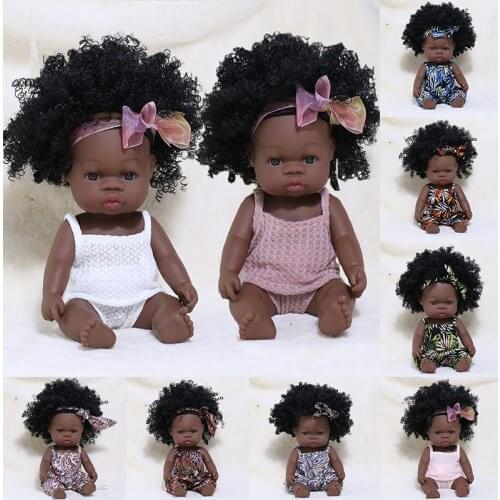35cm African Reborn Baby Doll Curl Cute Hair Baby Doll with Summer Dress Full Silicone Black Reborn Bebe Toys Doll Gift for Kids