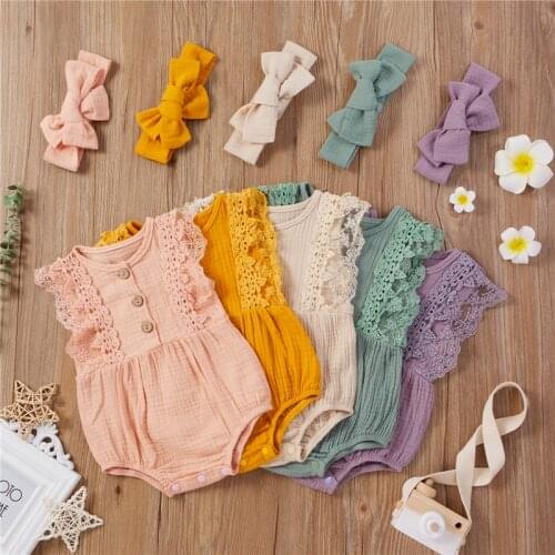 Summer Baby Girls Lace Cotton Romper + Headband Casual Ruffle Sleeveless Infant Rompers Jumpsuit Newborn Clothes