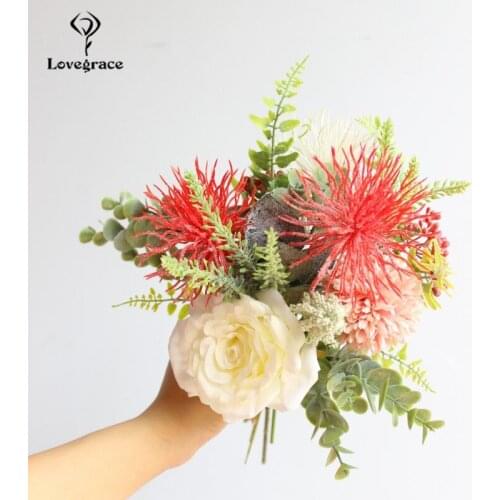 Love Mixed Wedding Bridal Bouquet Silk Artificial Rose Lavender Red Wedding Bouquet for Bridesmaids Artificial Flower Home Decor