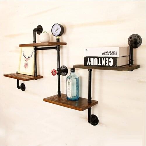 Metal Water Pipe Shape Rack With Wood Shelf Retro Industrial Bookshelf Hanging Wall Decoration Home Office shelf Organizer