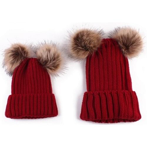 Fashion Family Match Knit Hat Black/Pink/Wine Red/Khaki/Beige/Grey Mother children Women Kid Winter Warm Crochet Cap 2pcs/set